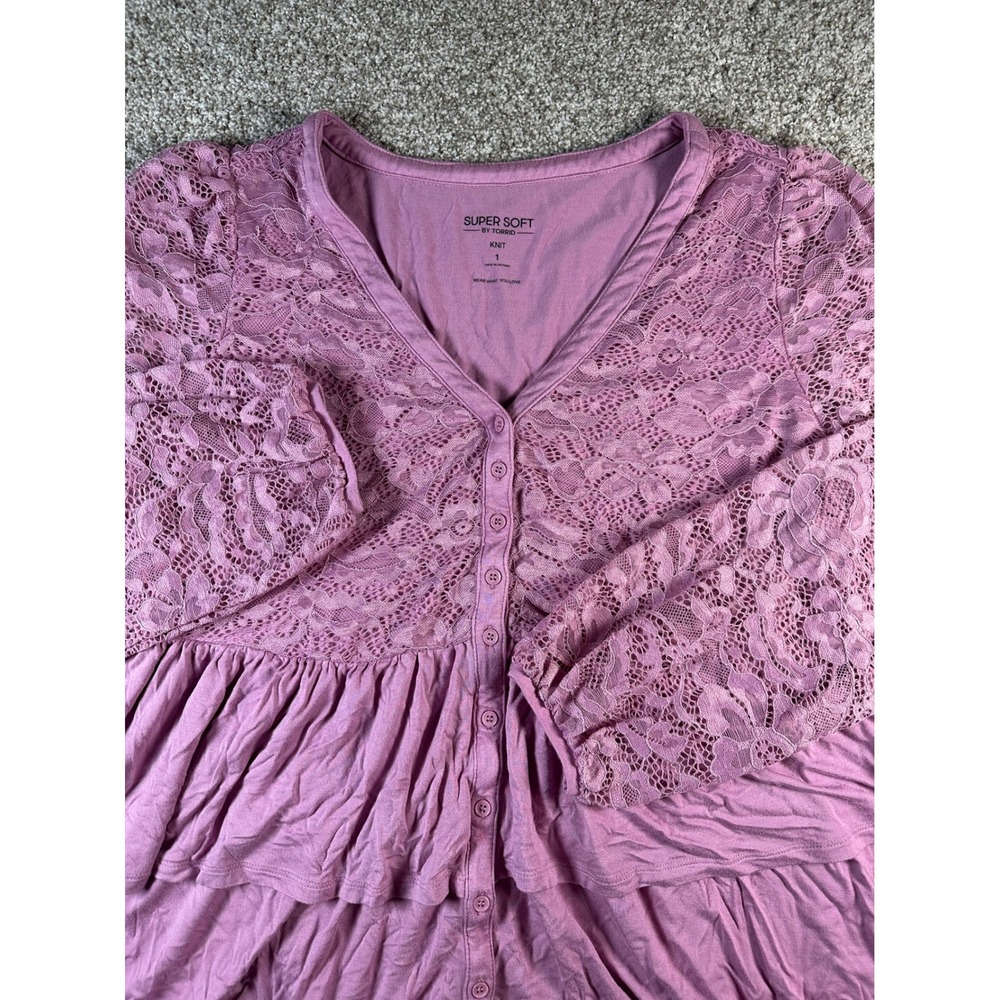 Torrid Super Soft Purple Lace Peplum Top Button Front Long Sleeve Plus Size 1